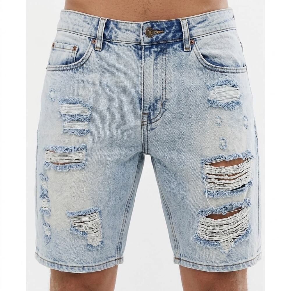 Asos Design Men's Slim Denim Shorts Distressed With Rips Light Wash Blue W30 NWT